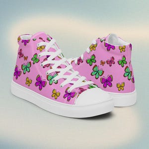 Pink butterfly high top canvas shoes for women, hand-drawn colorful butterflies, cute custom sneakers, nature aesthetic footwear