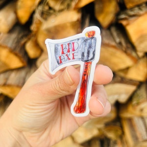 Bad Axe sticker, hand drawn watercolor axe vinyl sticker, funny punny decal, outdoorsy gift, woodsy cottagecore or lumberjack aesthetic