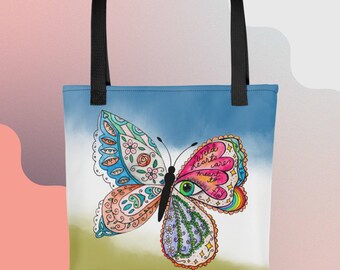 Borsa tote con stampe eclettiche di farfalle, borsa per la spesa riutilizzabile e stimolante.