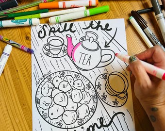 Tea Party Coloring Page | Whimsical Tea Set, Cookies (Digital Download)