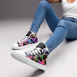 Rainbow Leopard Women’s high top canvas shoes, colorful cheetah shoes, artistic footwear, bold fashion sneakers, custom POD canvas shoes