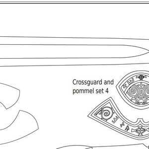 May include: A black and white line drawing of a sword with a detailed crossguard and pommel. The drawing includes separate templates for the blade, crossguard, and pommel. The text "Crossguard and pommel set 4" is included in the image.