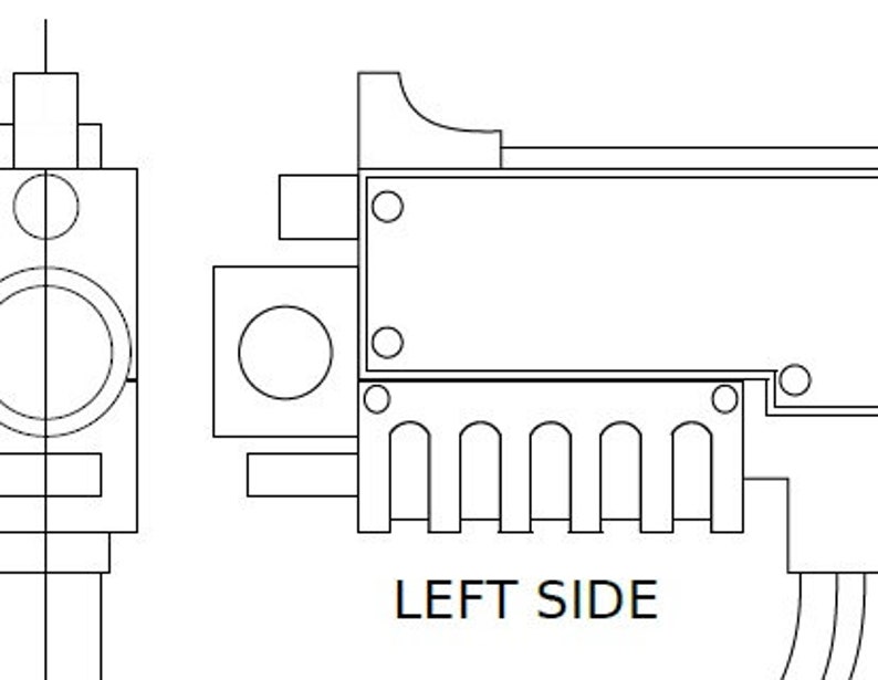 May include: A black and white line drawing of a side view of a mechanical part with the text "LEFT SIDE" below it.