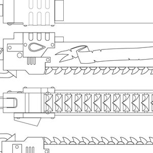 以下が含まれることがあります： 鋸歯状の刃と複雑なデザインを持つ未来的な武器の白黒線画。武器はハンドル、バレル、一連の歯車やその他の機械部品を持っている。
