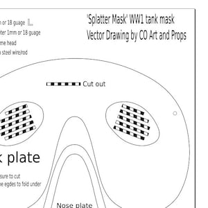 Puede incluir: Un dibujo en blanco y negro de una máscara de tanque de la Primera Guerra Mundial, etiquetada como 'Splatter Mask' con instrucciones para cortar la máscara y doblarla. El dibujo incluye una placa posterior, una placa de nariz y áreas de corte.