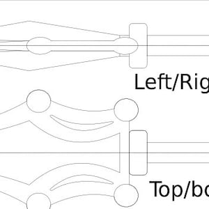 May include: A detailed line drawing of a sword, with the text "Left/Right side" and "Top/bottom" indicating the orientation of the views. The design features a pointed blade and a handle with a crossguard.