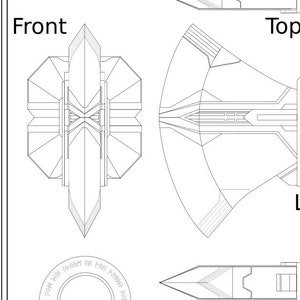 Puede incluir: Dibujo de l&iacute;nea de una nave espacial futurista con una nariz puntiaguda y una base circular grande y plana. El dibujo muestra la nave espacial desde las vistas frontal, superior y lateral.