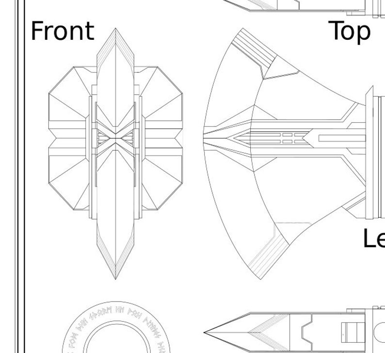 Puede incluir: Dibujo de l&iacute;nea de una nave espacial futurista con una nariz puntiaguda y una base circular grande y plana. El dibujo muestra la nave espacial desde las vistas frontal, superior y lateral.