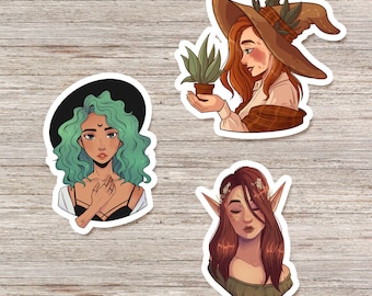 Fantasy Women Stickers | Witches and Elves, glossy vinyl, illustration, portrait, women, stationery
