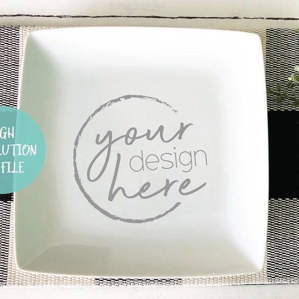 Square White Plate Mockup - Christmas Plate SVG Mockup - Buffalo Plaid