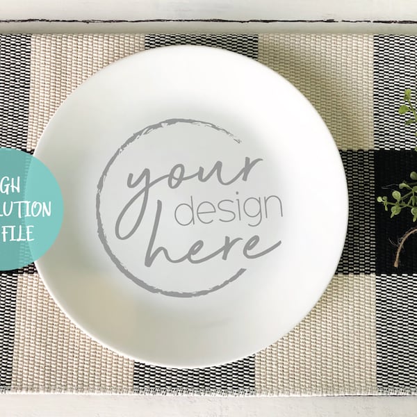 Round White Plate Mockup - Christmas Plate SVG Mockup - Buffalo Plaid