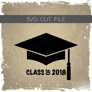May include: Black and white graduation cap silhouette with the text "CLASS of 2018" on a distressed brown background.