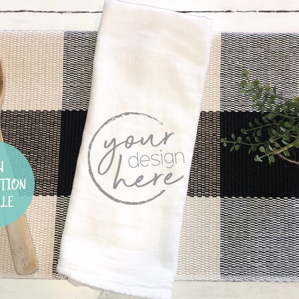 Tea Towel Flour Sack Floral Mockup - Kitchen Towel Mockup - Buffalo Plaid