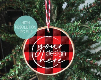 Round Red Plaid Wood Slice Ornament Mockup | Christmas Ornament Mockup | Stock Photo