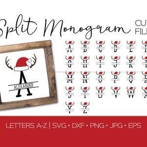 May include: A digital design file for a split monogram with a Christmas theme. The design features a letter with antlers and a Santa hat. The letters A through Z are shown in the image. The text "CUT FILE" and "LETTERS A-Z | SVG · DXF · PNG · JPG · EPS" are also included in the image.