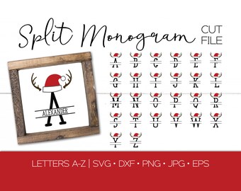 Christmas Split Monogram Letter SVG DXF Stencil Bundle - Full Alphabet Santa hat Fun Split Monogram SVG Stencil - Monogram Silhouette File