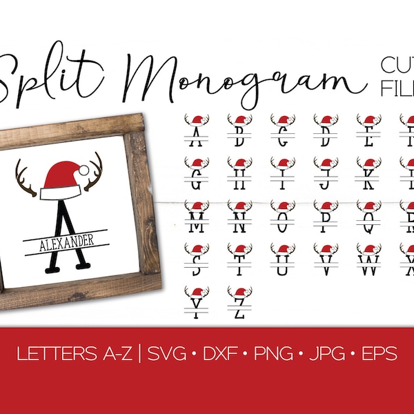 Christmas Split Monogram Letter SVG DXF Stencil Bundle - Full Alphabet Santa hat Fun Split Monogram SVG Stencil - Monogram Silhouette File