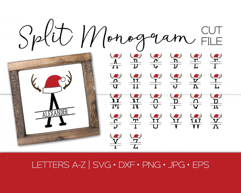 Christmas Split Monogram Letter SVG DXF Stencil Bundle Full Alphabet Santa hat Fun Split Monogram SVG Stencil Monogram Silhouette File image 1