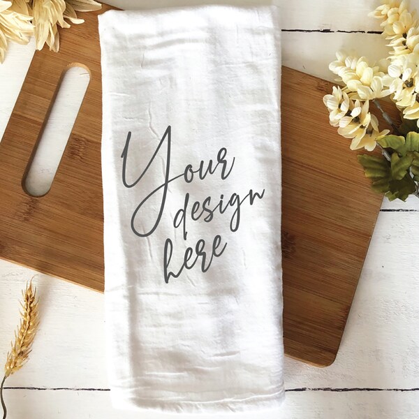Tea Towel Flour Sack Floral Mockup - Kitchen Towel Mockup - White Flowers - Farmhouse Mockup