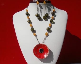 Red poppy ceramic necklace