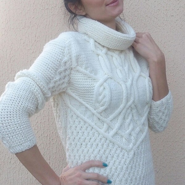 Hand knit wool sweater for women Cable knit turtleneck pullover Milky white chunky knit aran jumper Exclusive handmade braided sweater XS