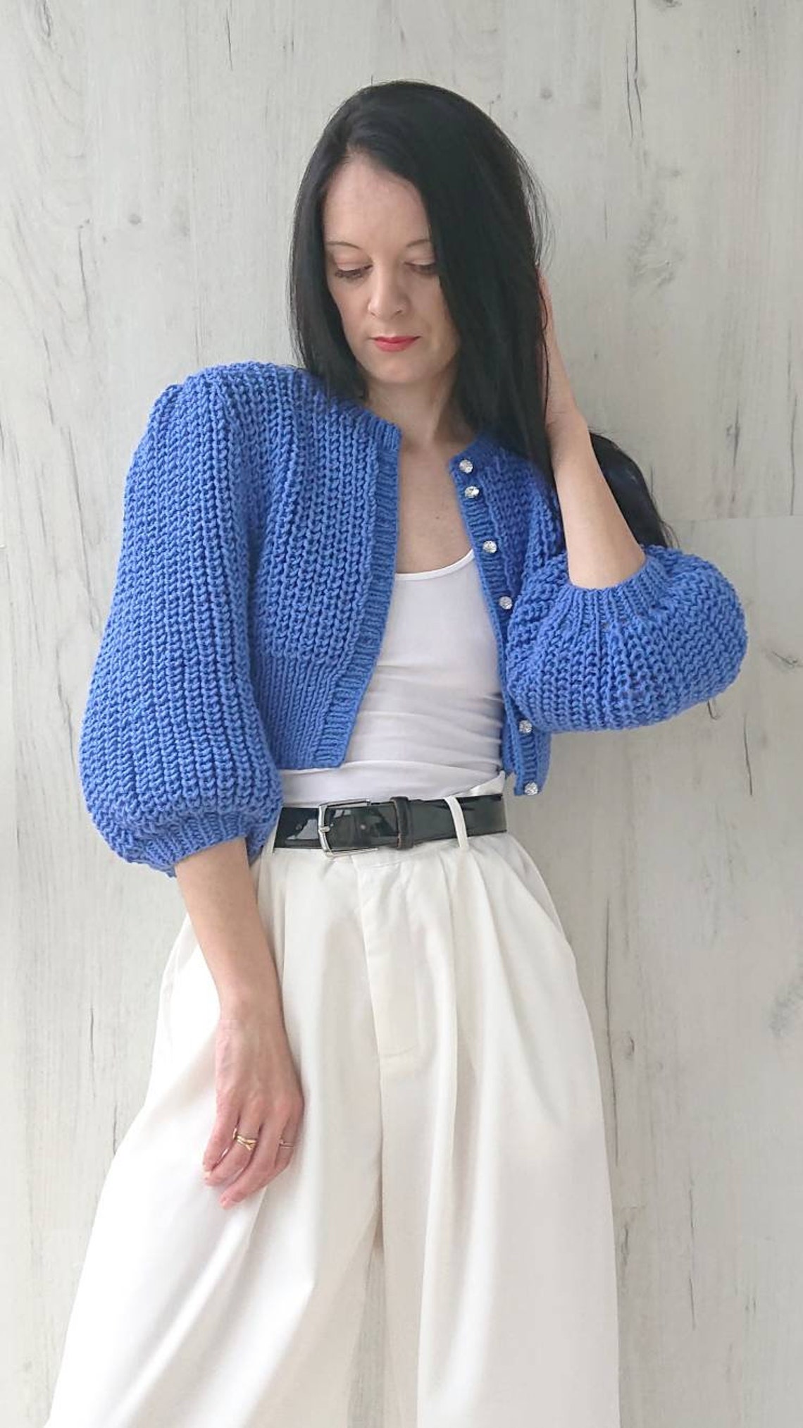 Short balloon sleeve cropped cardigan in wool Rib knit sweater Etsy