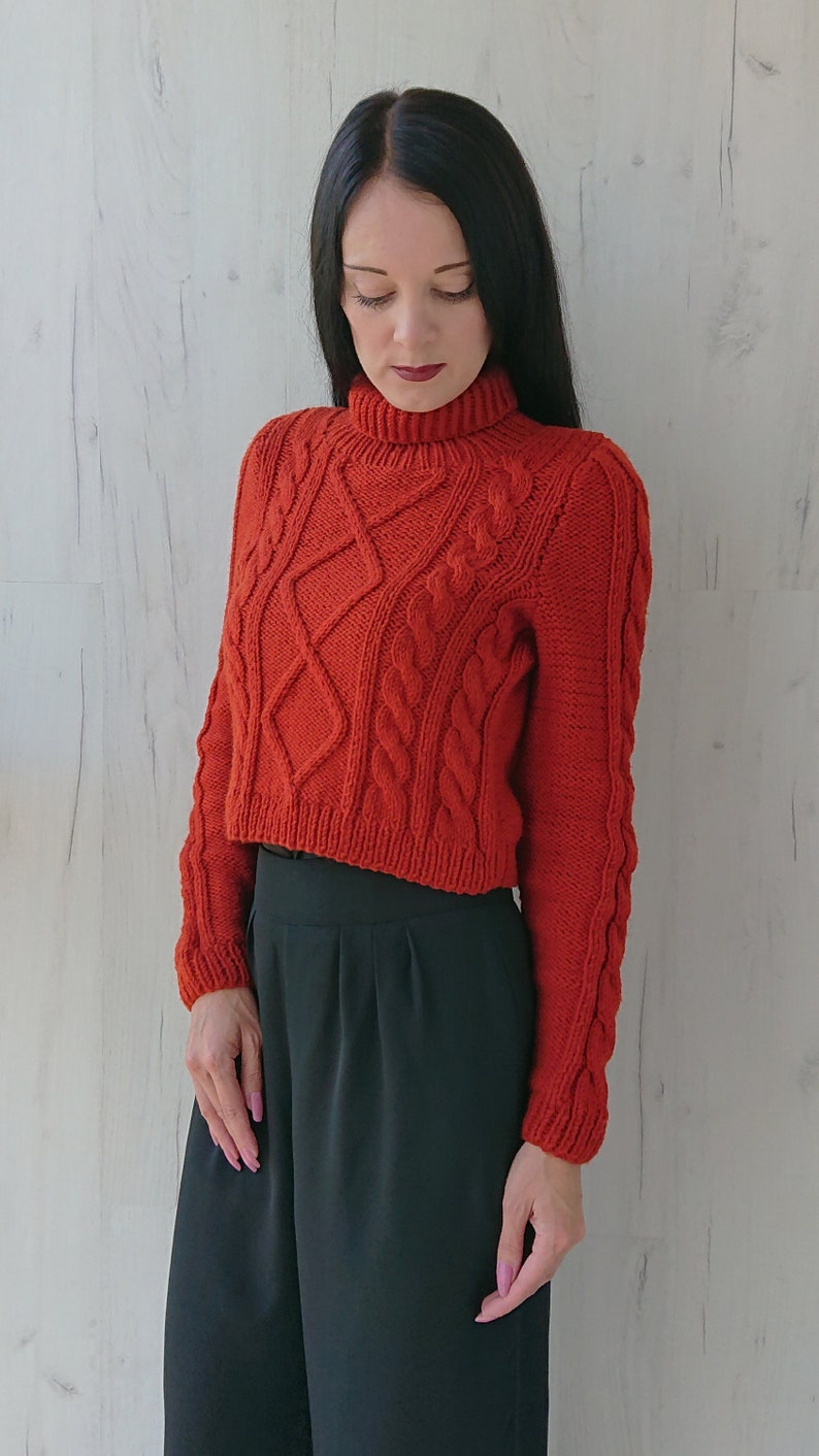 Knit crop sweater with cables for women Turtleneck aran jumper Etsy