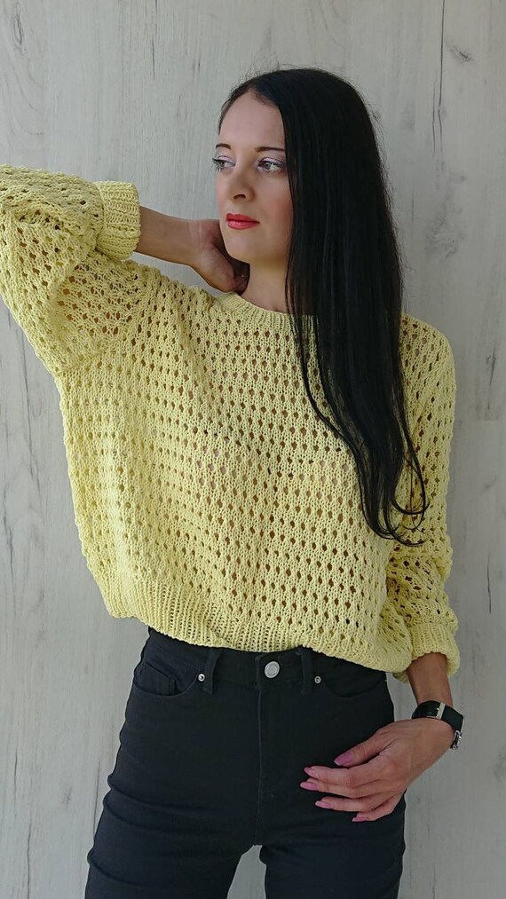 Cotton Summer Blouse Top Oversized Hand Knit Summer Sweater Handmade Cotton Blouse Loose Knit Women/'s Sweater Grey and Pastel Green