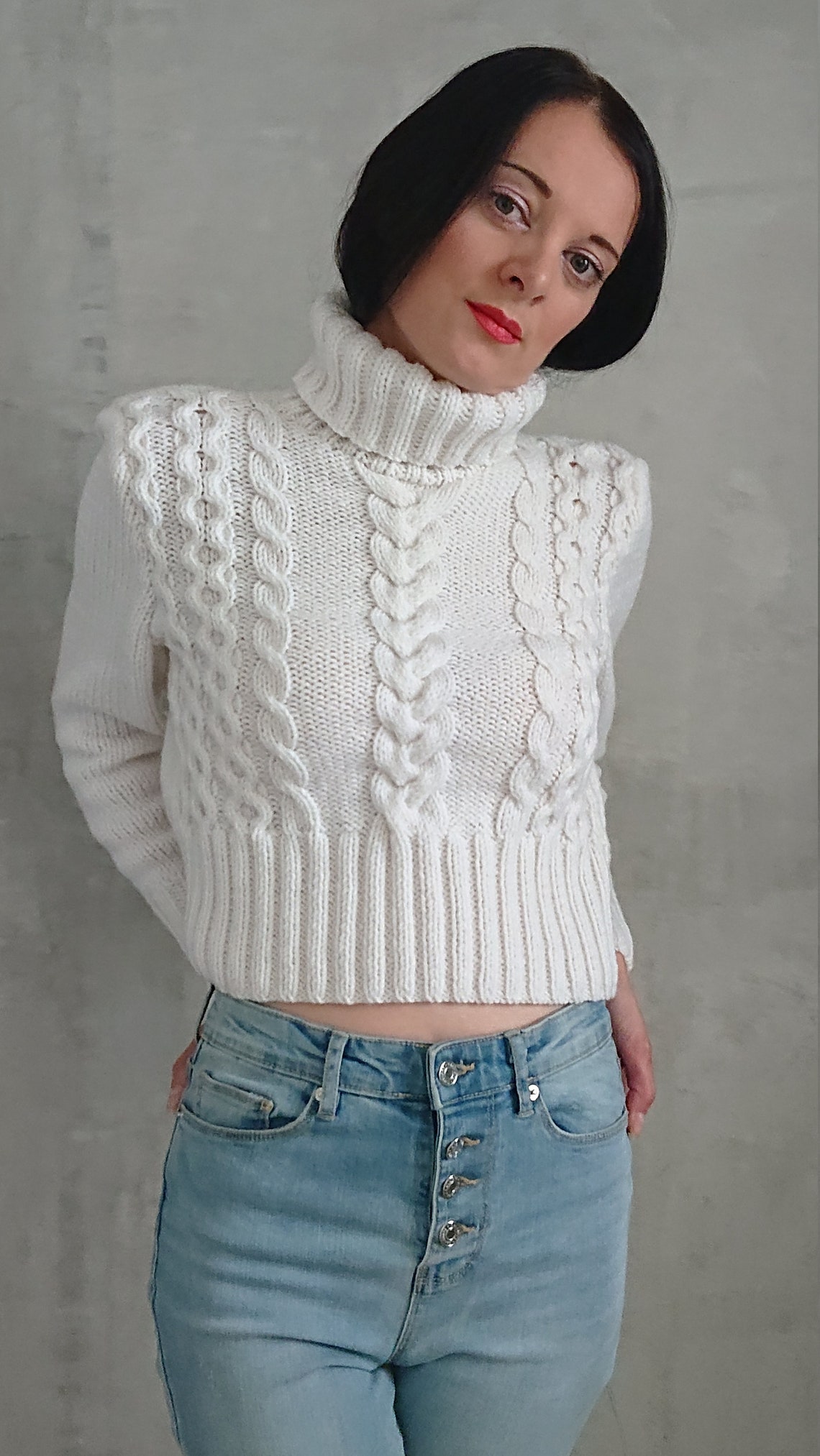 Chunky cable knit jumper for women Aran knit cropped sweater Etsy