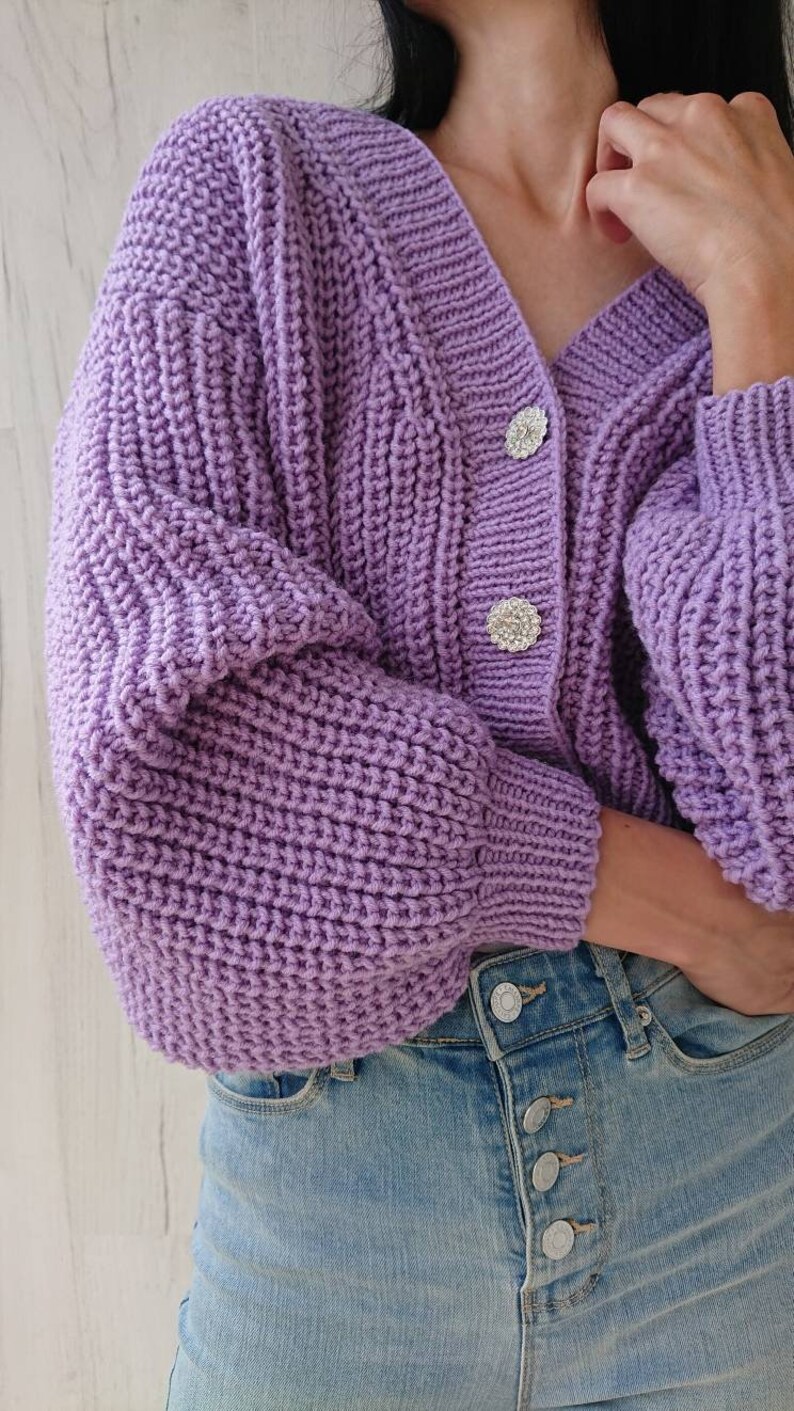 Balloon sleeve crop cardigan for women Rib knit Vneck chunky Etsy