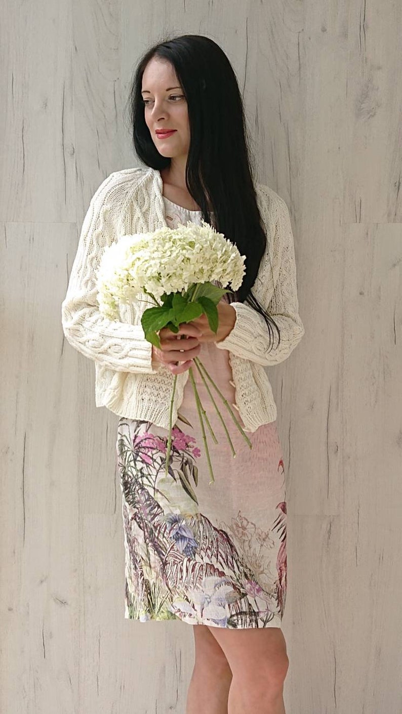 Chunky cable knit cardigan for women Off white cotton cropped cardigan with buttons Aran V-neck hand knit jacket Summer handmade sweater XS