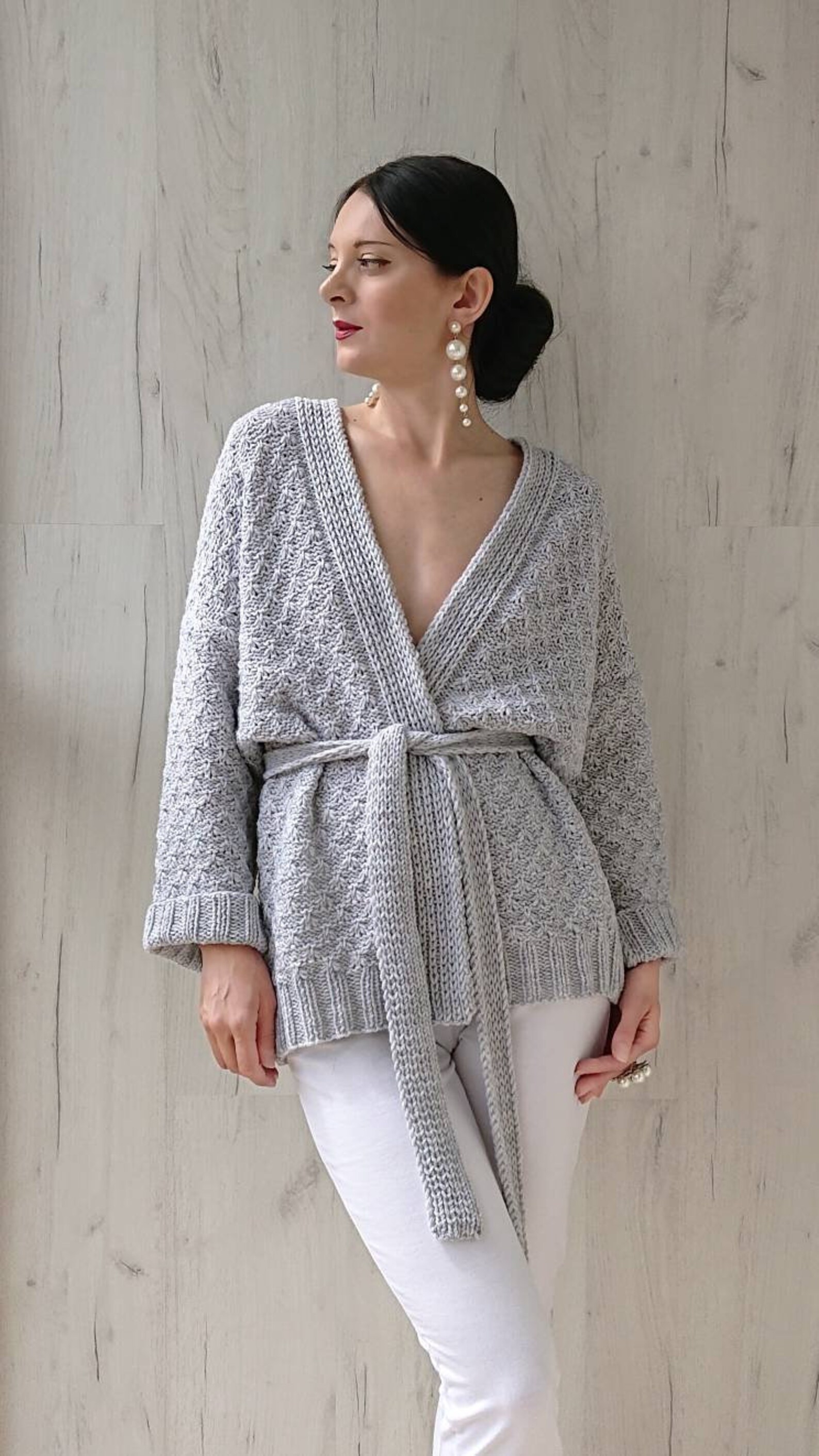 Belted chunky knit kimono cardigan for women Oversized open Etsy