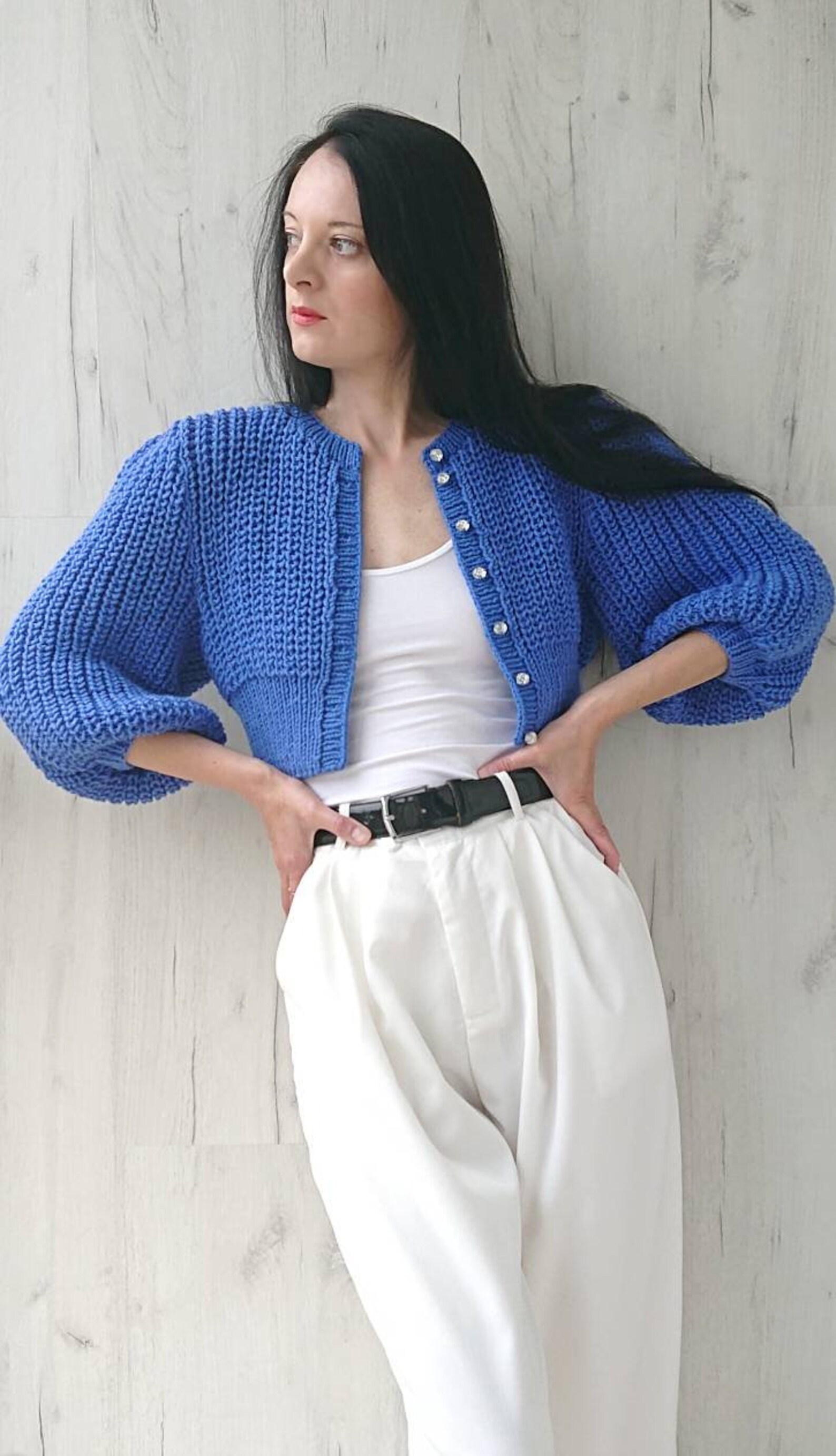 Short balloon sleeve cropped cardigan in wool Rib knit sweater Etsy