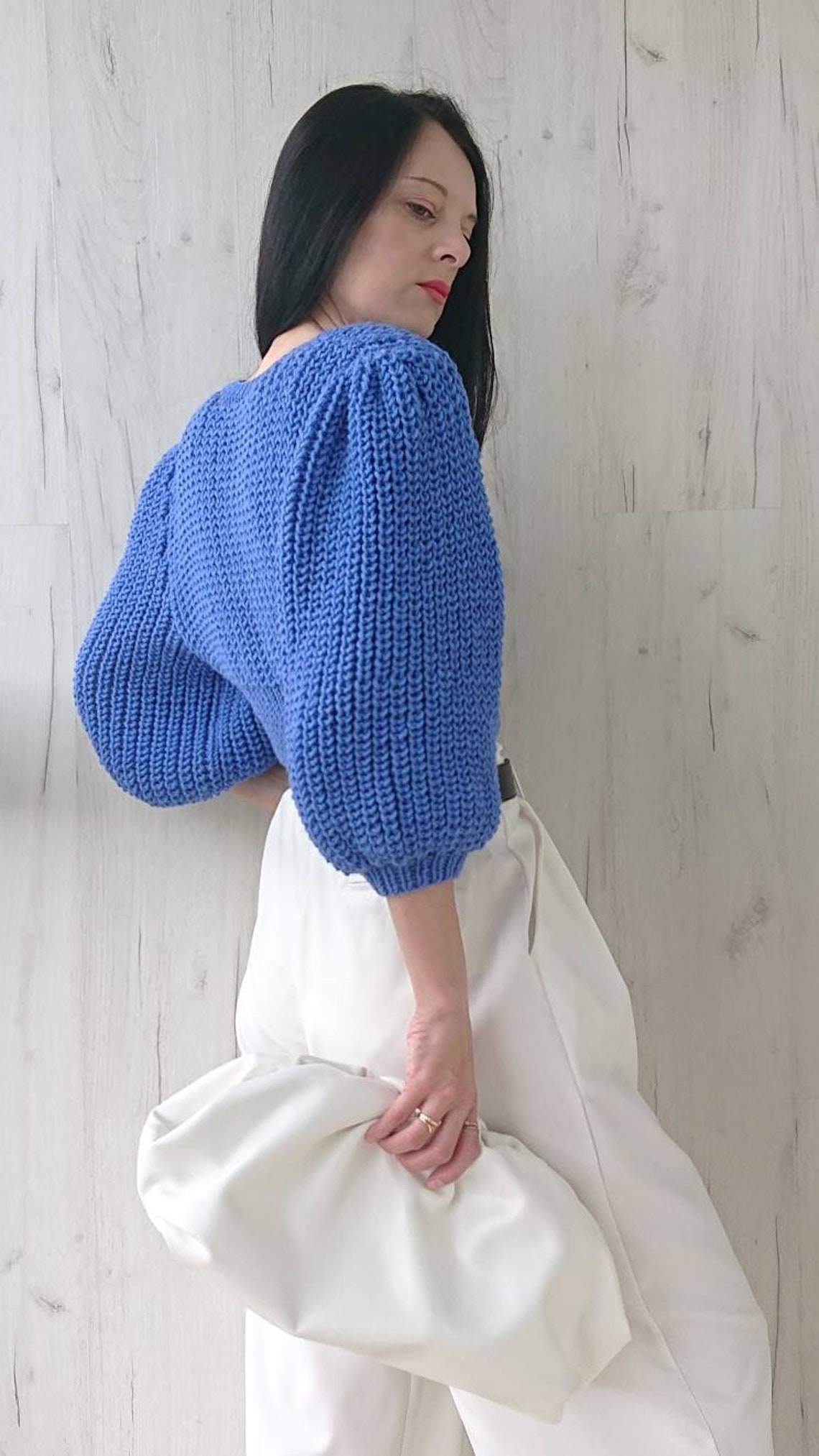Short balloon sleeve cropped cardigan in wool Rib knit sweater Etsy