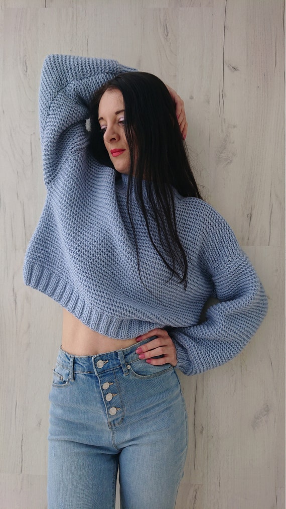 Cropped Chunky Sweater in Wool Oversized Hand Knit Jumper With | Etsy