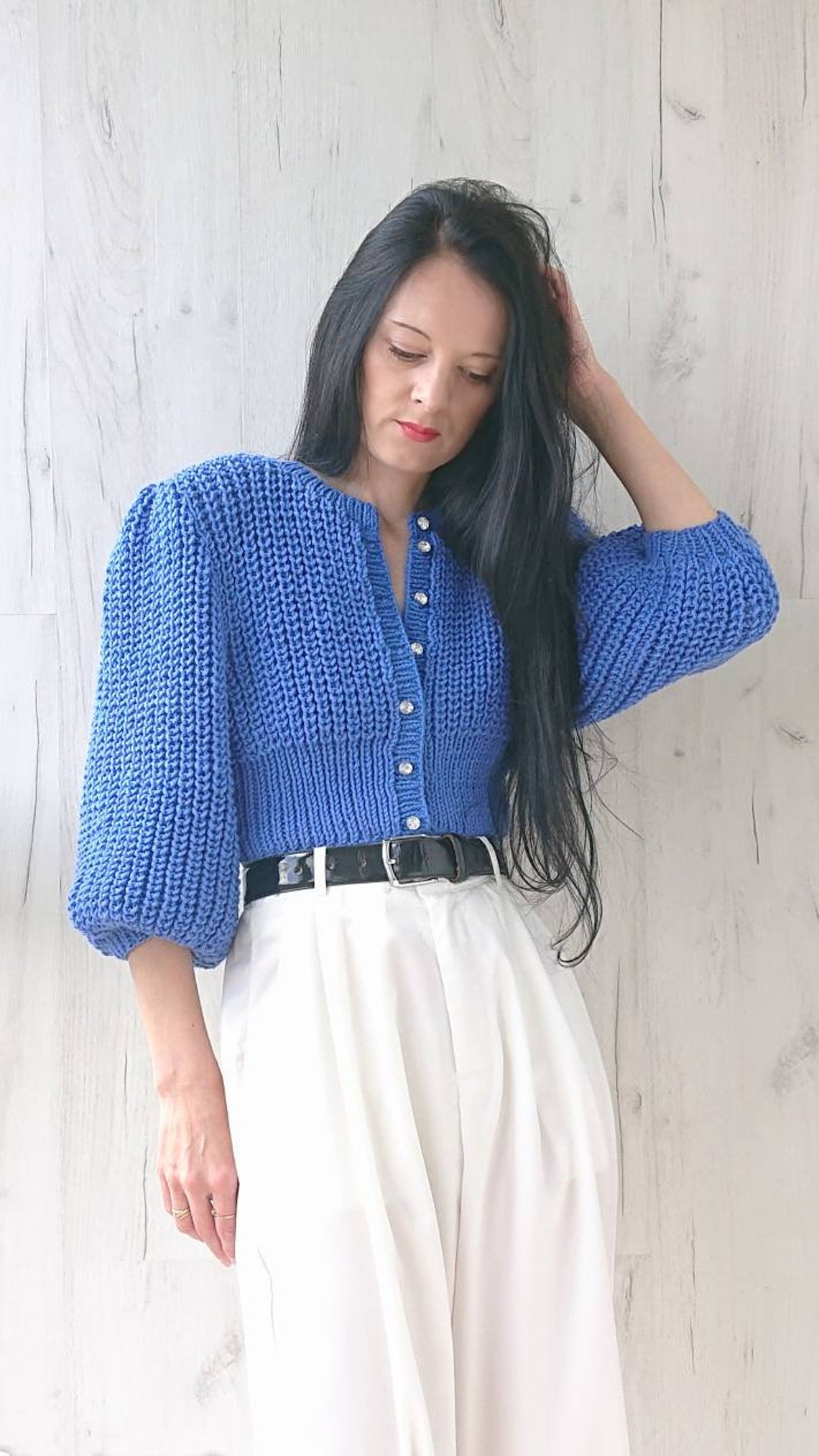 Short balloon sleeve cropped cardigan in wool Rib knit sweater Etsy