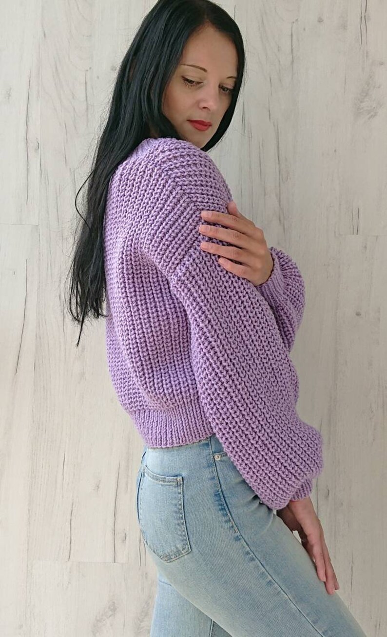 Balloon sleeve crop cardigan for women Rib knit V-neck chunky | Etsy