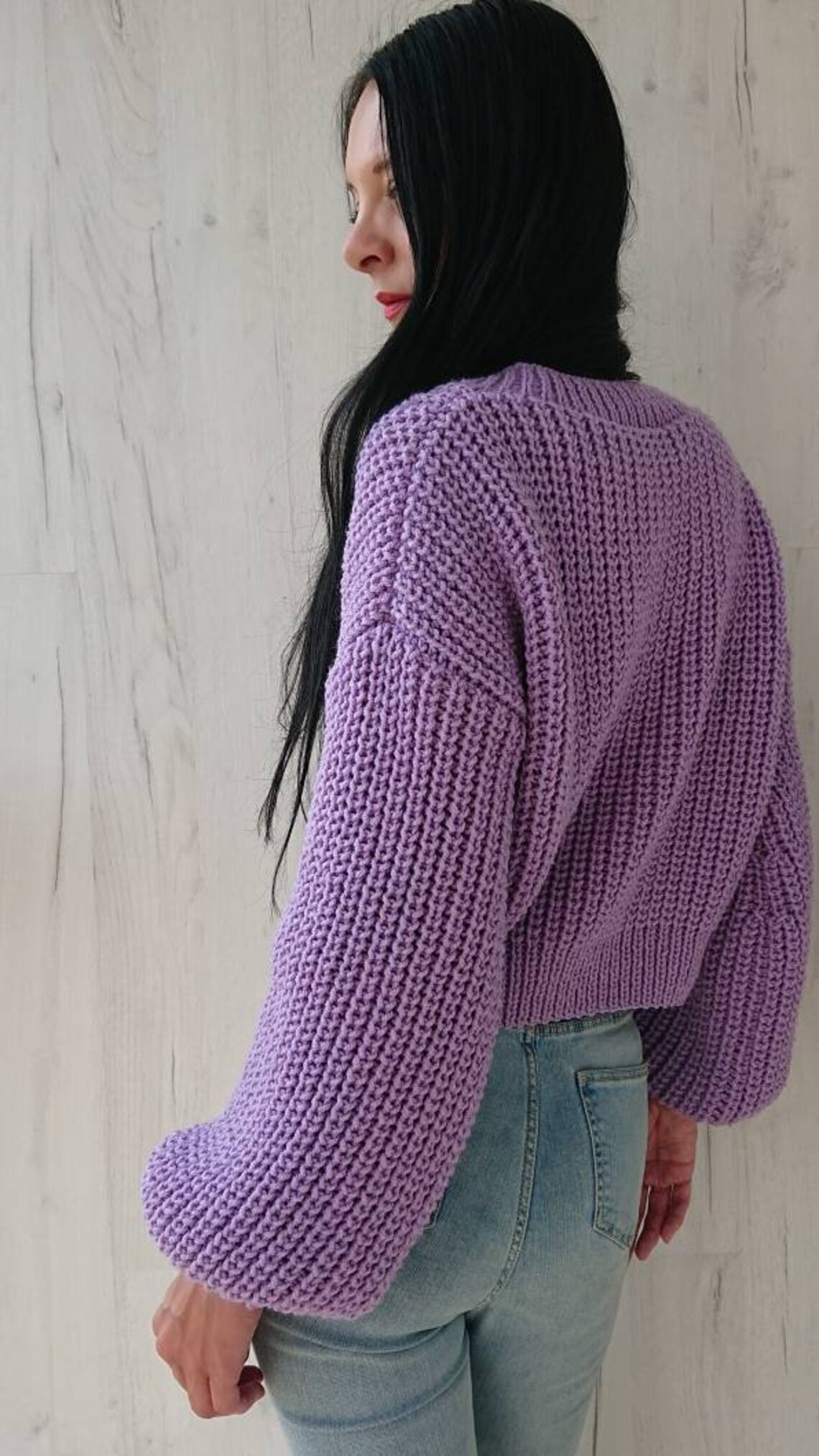 Balloon sleeve crop cardigan for women Rib knit Vneck chunky Etsy