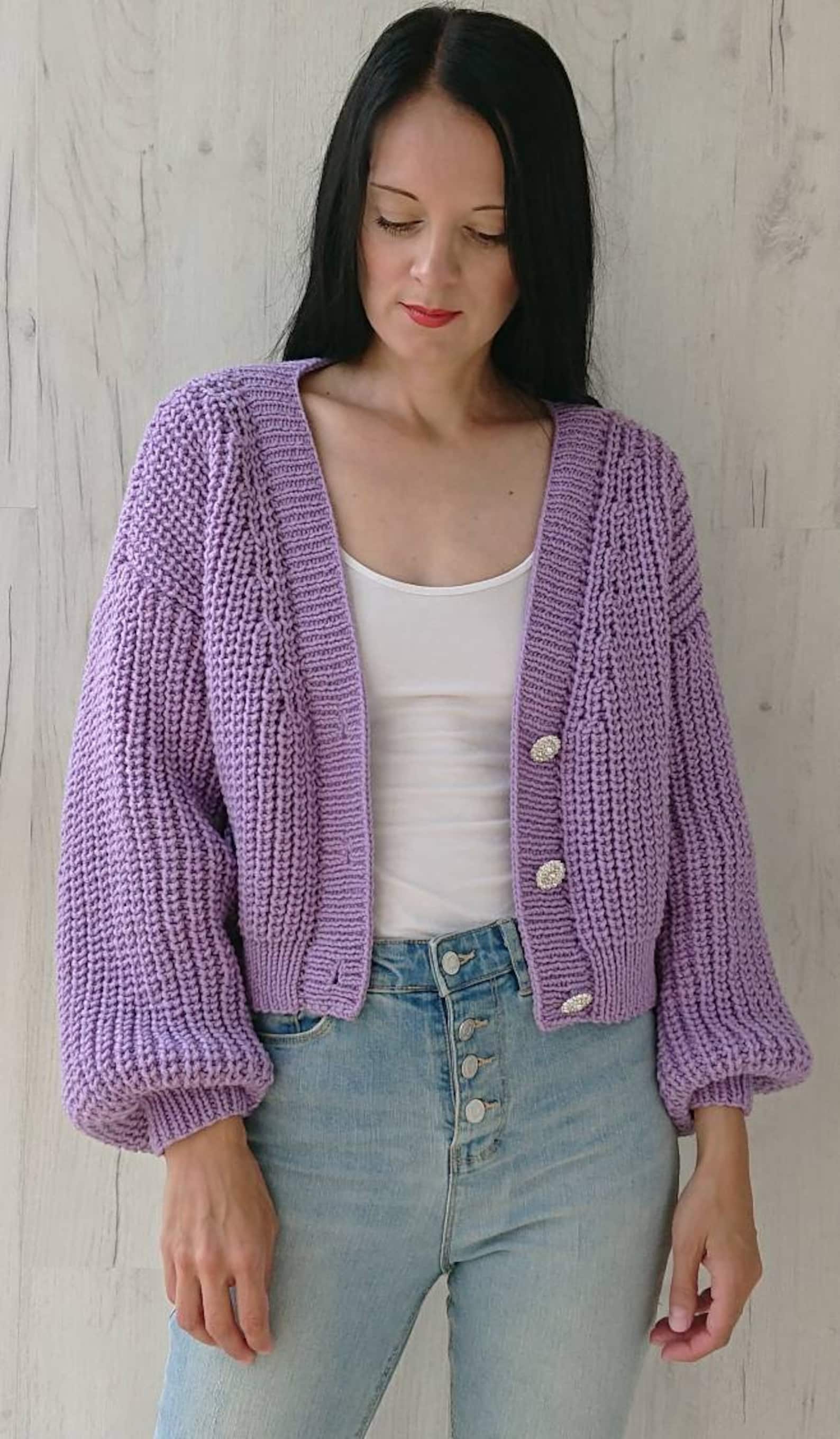 Balloon sleeve crop cardigan for women Rib knit Vneck chunky Etsy