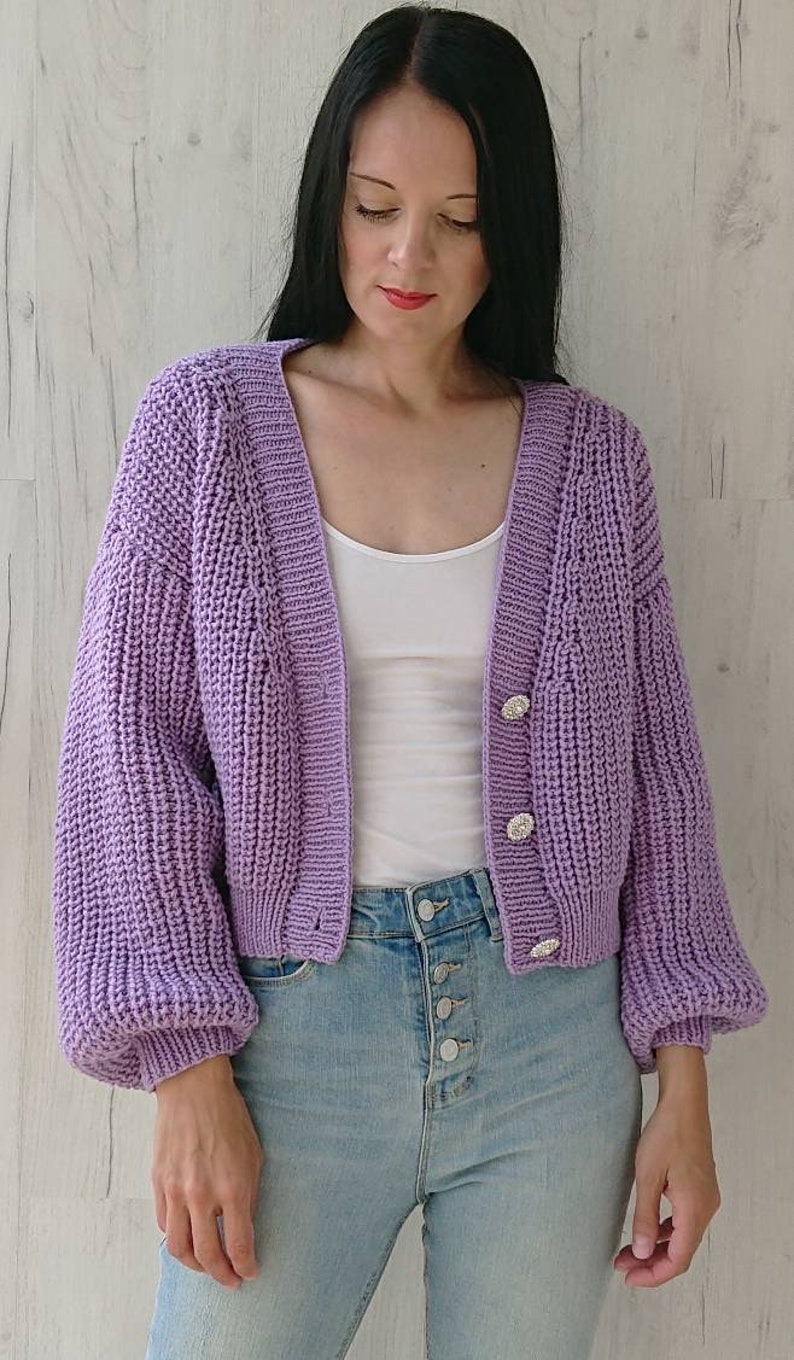 Balloon sleeve crop cardigan for women Rib knit V-neck chunky | Etsy