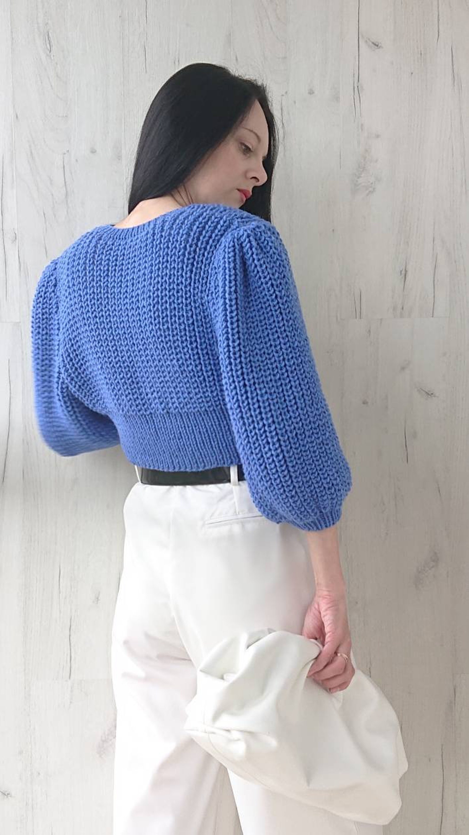 Short balloon sleeve cropped cardigan in wool Rib knit sweater Etsy