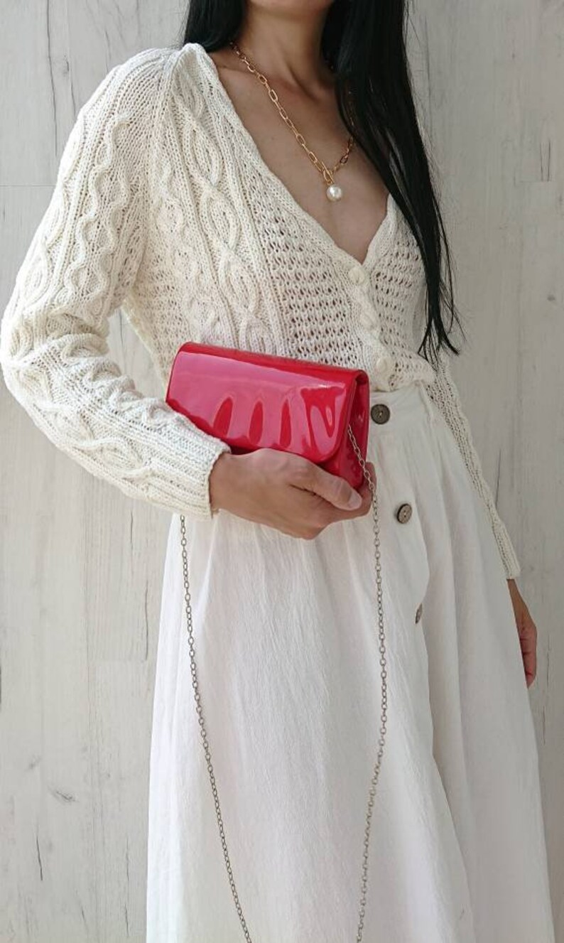 Chunky cable knit cardigan for women Off white cotton cropped cardigan with buttons Aran V-neck hand knit jacket Summer handmade sweater XS