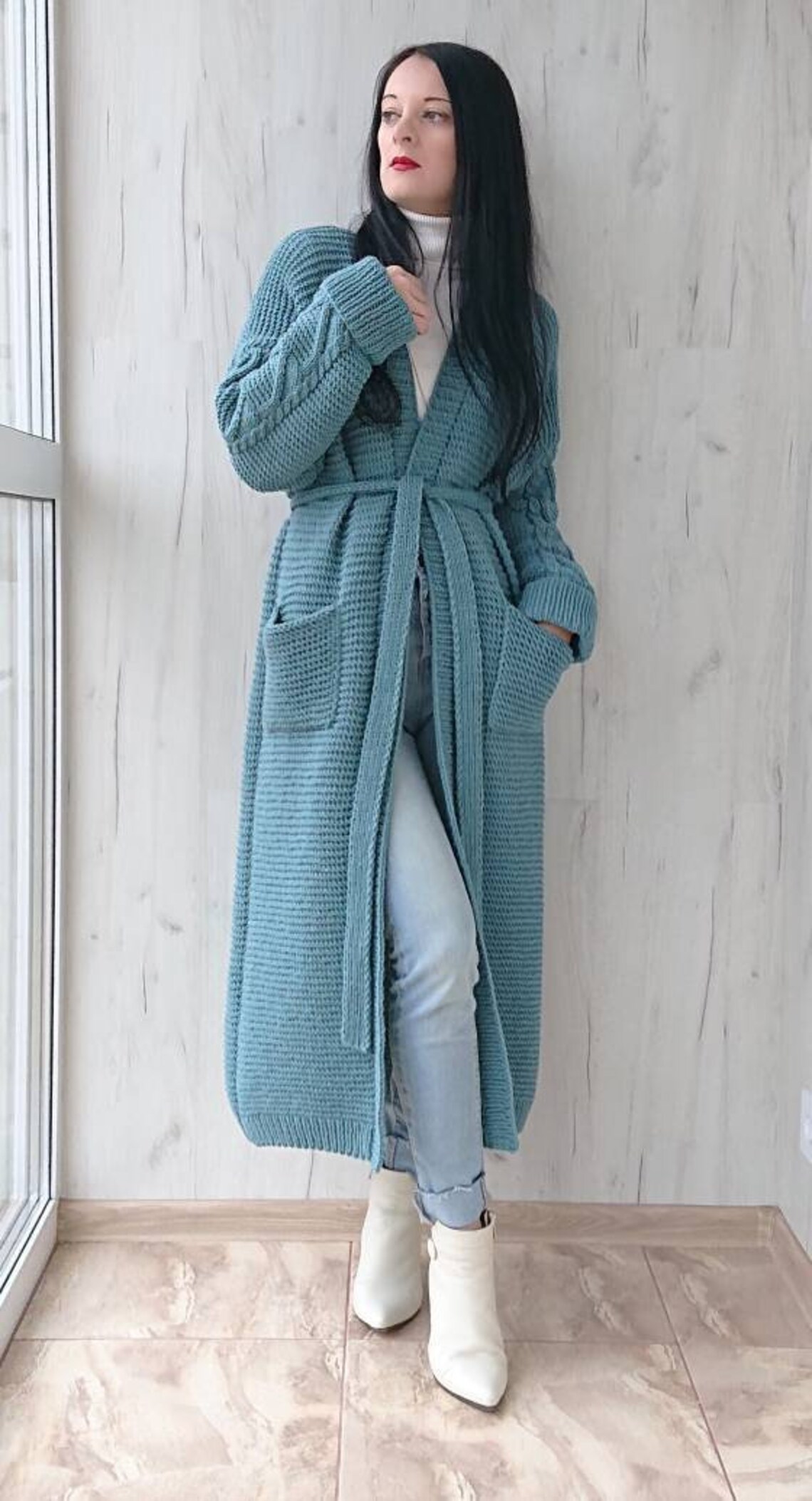 Chunky hand knit wool sweater robe Long oversized rib kimono Etsy
