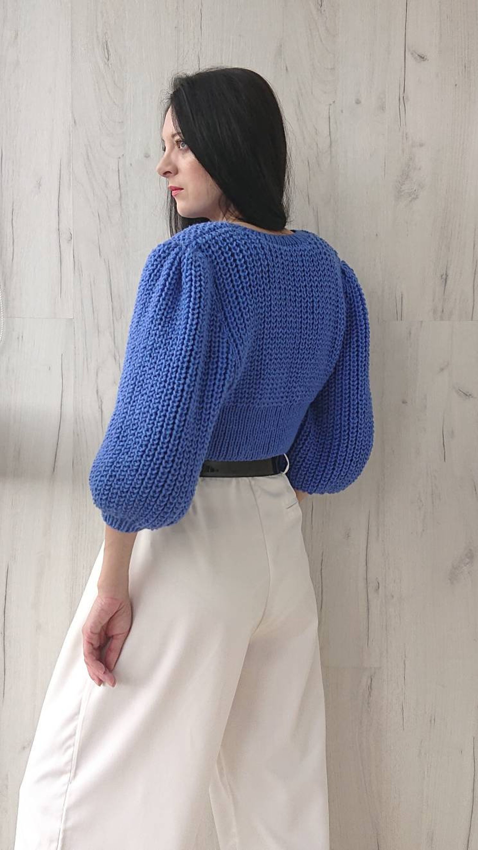 Short balloon sleeve cropped cardigan in wool Rib knit sweater Etsy
