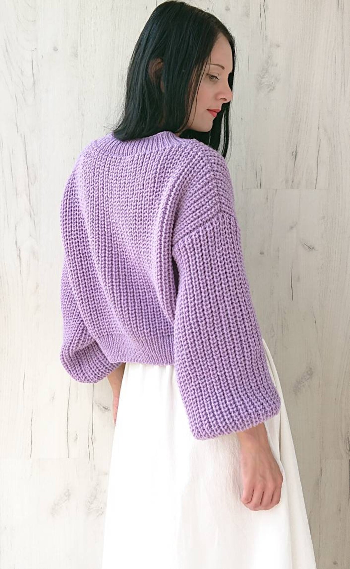Balloon sleeve crop cardigan for women Rib knit Vneck chunky Etsy