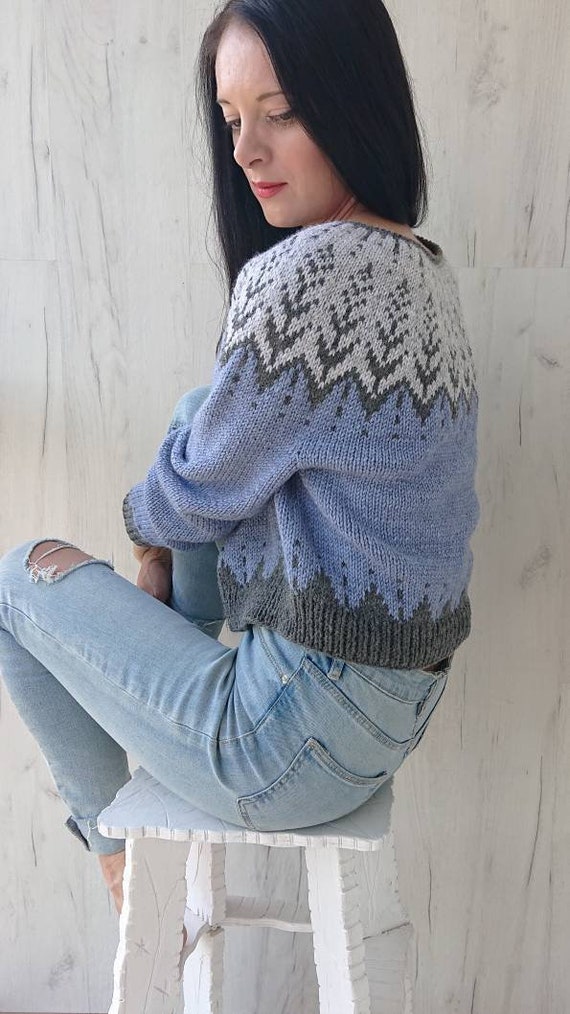 Lopapeysa cardigan Icelandic hand knit sweater with button Lopi wool crop jumper Fair isle knit jacket Womens pullover in blue and gray S M