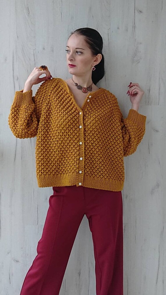 Popcorn knit cardigan in wool Crop oversized sweater jacket | Etsy