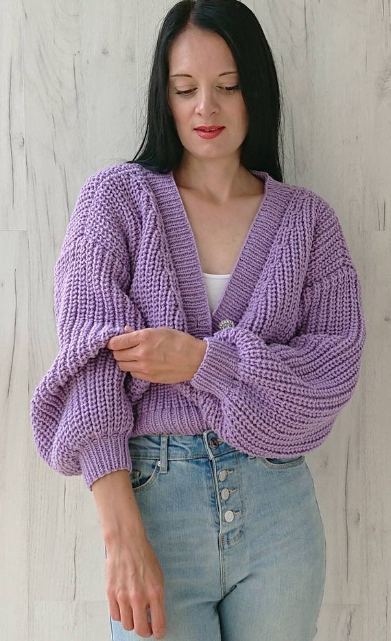 Balloon sleeve crop cardigan for women Rib knit V-neck chunky | Etsy