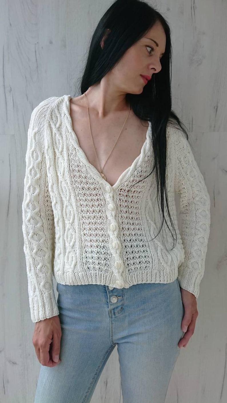 Chunky cable knit cardigan for women Off white cotton cropped cardigan with buttons Aran V-neck hand knit jacket Summer handmade sweater XS