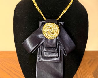 Refashioned Navy Necklace with a Crystal and Gold Brooch - Handmade Neckwear